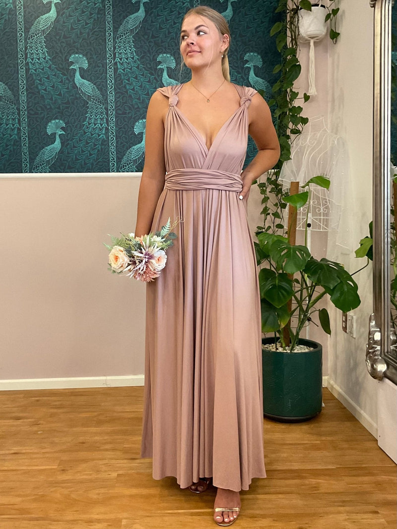 Luxe Taupe Convertible Infinity bridesmaid dress with split Express NZ wide - Bay Bridal and Ball Gowns