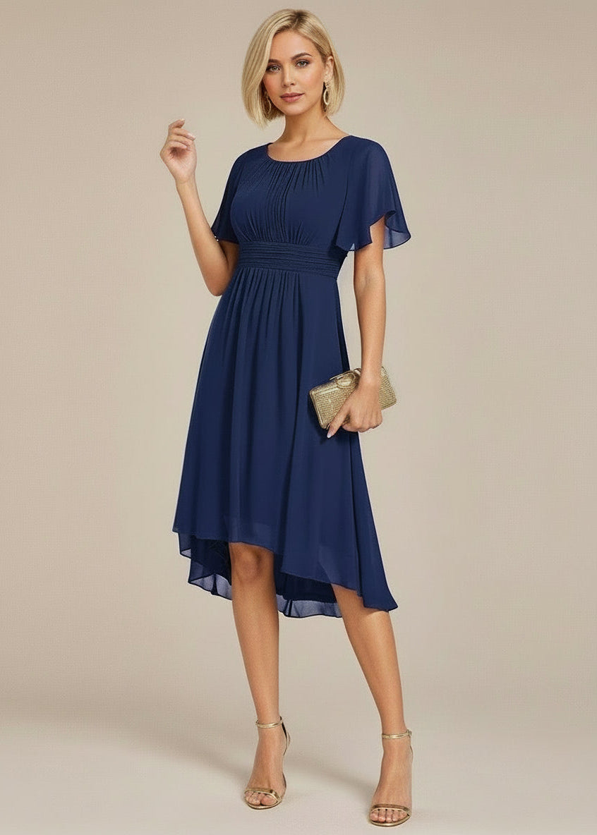 Lyra fancy chiffon dress with sleeves and high neck in Navy Express NZ Wide - Bay Bridal and Ball Gowns