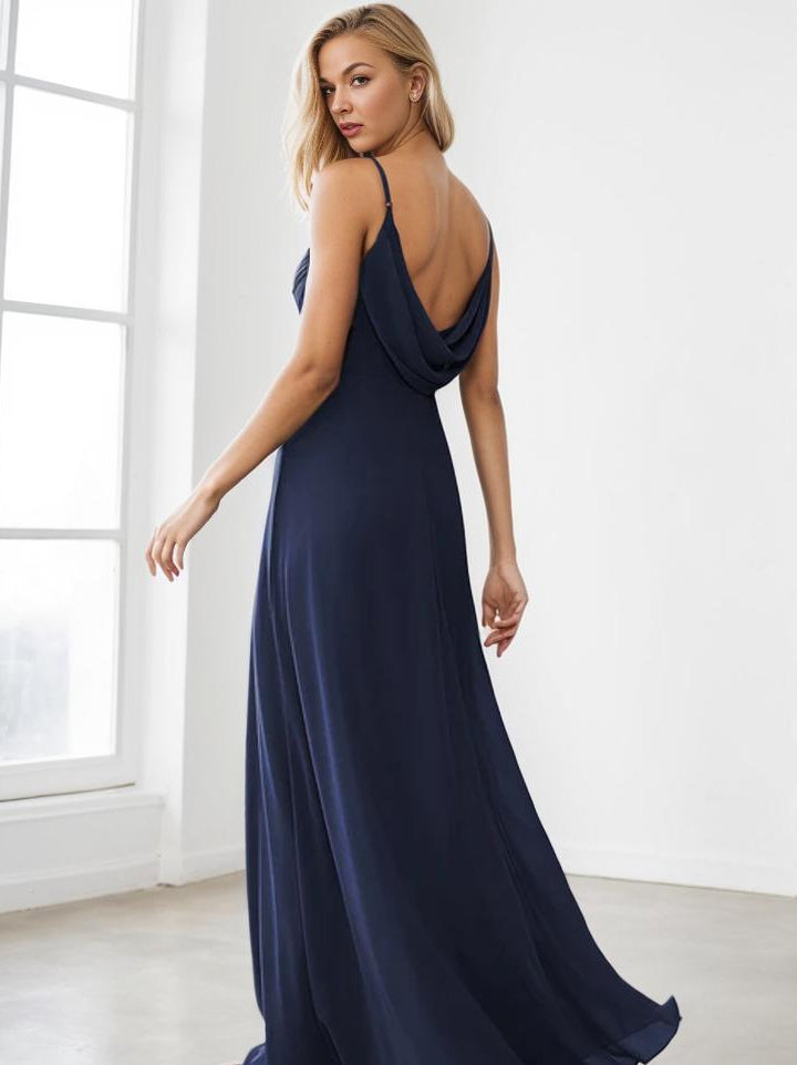 Malika elegant cross front cowl back dress in navy Express NZ wide - Bay Bridal and Ball Gowns