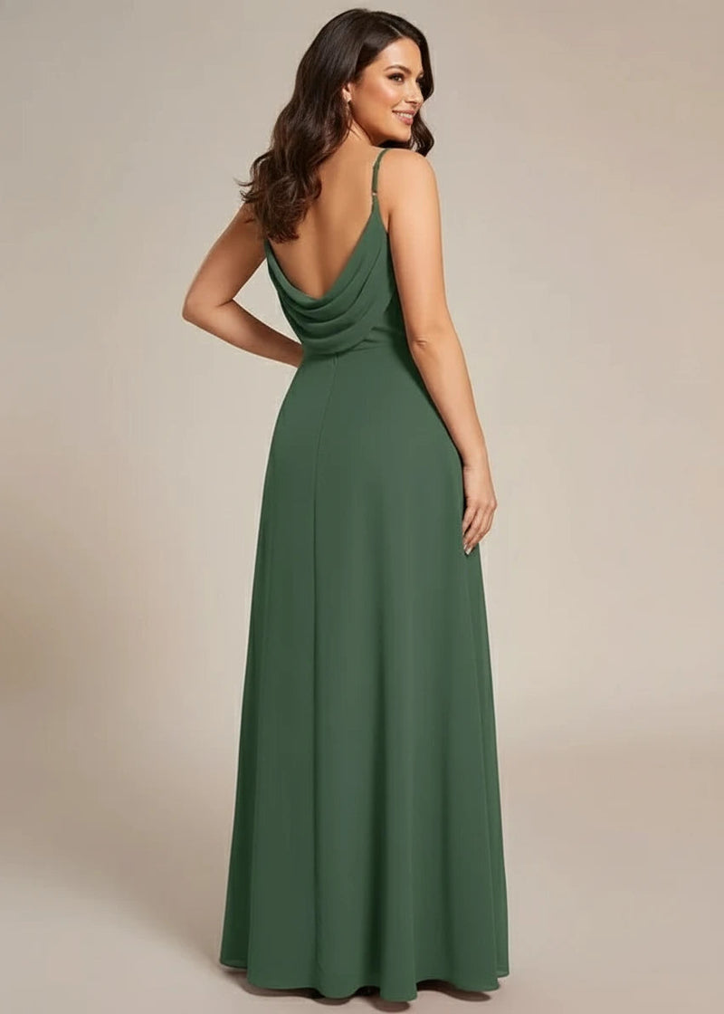 Malika chiffon cross front and cowl back bridesmaid dress in Olive full back shot of lady in plus size dress at Bay Bridal
