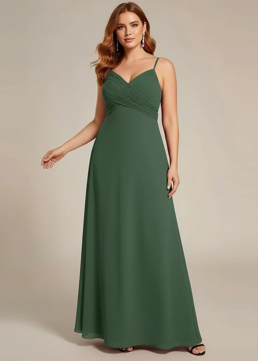 Malika chiffon cross front and cowl back bridesmaid dress in Olive full front shot of lady in plus size dress at Bay Bridal