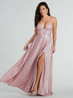 Penny sparkling pink A line ball dress with split Express NZ wide - Bay Bridal and Ball Gowns