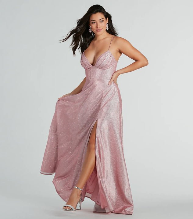 Penny sparkling pink A line ball dress with split Express NZ wide - Bay Bridal and Ball Gowns