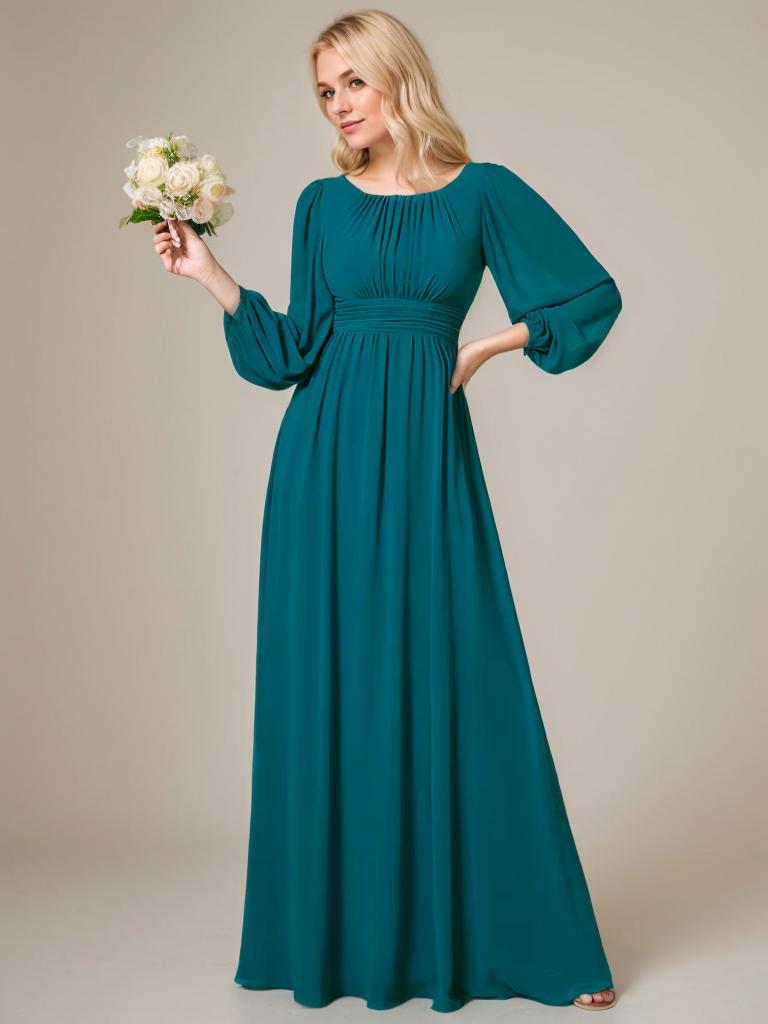 Rachel boat neck full sleeve evening or bridesmaid gown - Bay Bridal and Ball Gowns