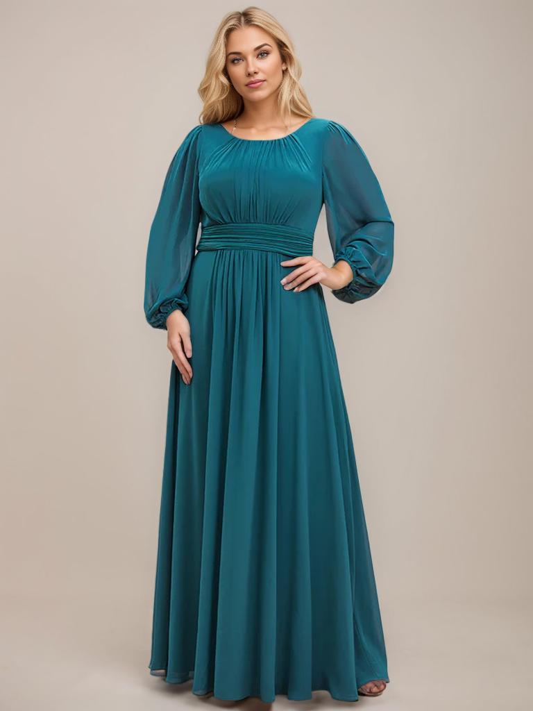 Rachel boat neck full sleeve evening or bridesmaid gown - Bay Bridal and Ball Gowns