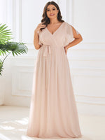 Reena Blush chiffon wedding dress with sleeve and waist tie - Bay Bridal and Ball Gowns