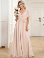 Reena Blush chiffon wedding dress with sleeve and waist tie - Bay Bridal and Ball Gowns