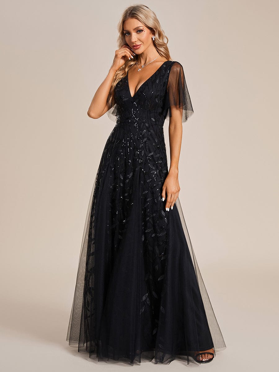 Sally black sequin and tulleevening dress with sleeve s22 Express NZ wide - Bay Bridal and Ball Gowns