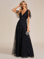 Sally black sequin and tulleevening dress with sleeve s22 Express NZ wide - Bay Bridal and Ball Gowns