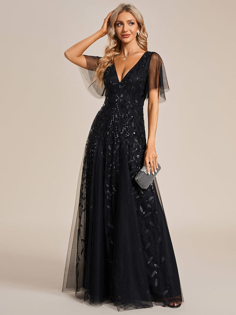 Sally black sequin and tulleevening dress with sleeve s22 Express NZ wide - Bay Bridal and Ball Gowns