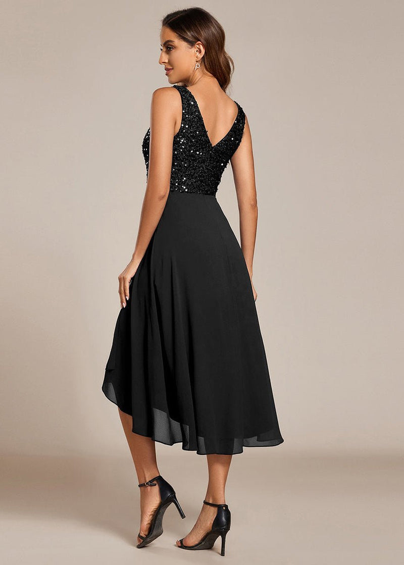 black formal dress nz [Final Sale] Black Sheer Sleeve A-Line Floor Length Sequin Formal Dress For Brides Black / XXL / N18 main image 1