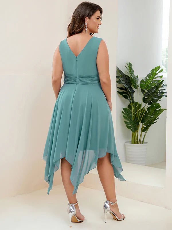 Sandra chiffon pixie hem short dress in dusky blue s22 Express NZ wide - Bay Bridal and Ball Gowns