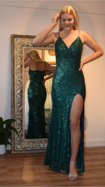 Seva full sequin ball dress with split in emerald Express NZ wide