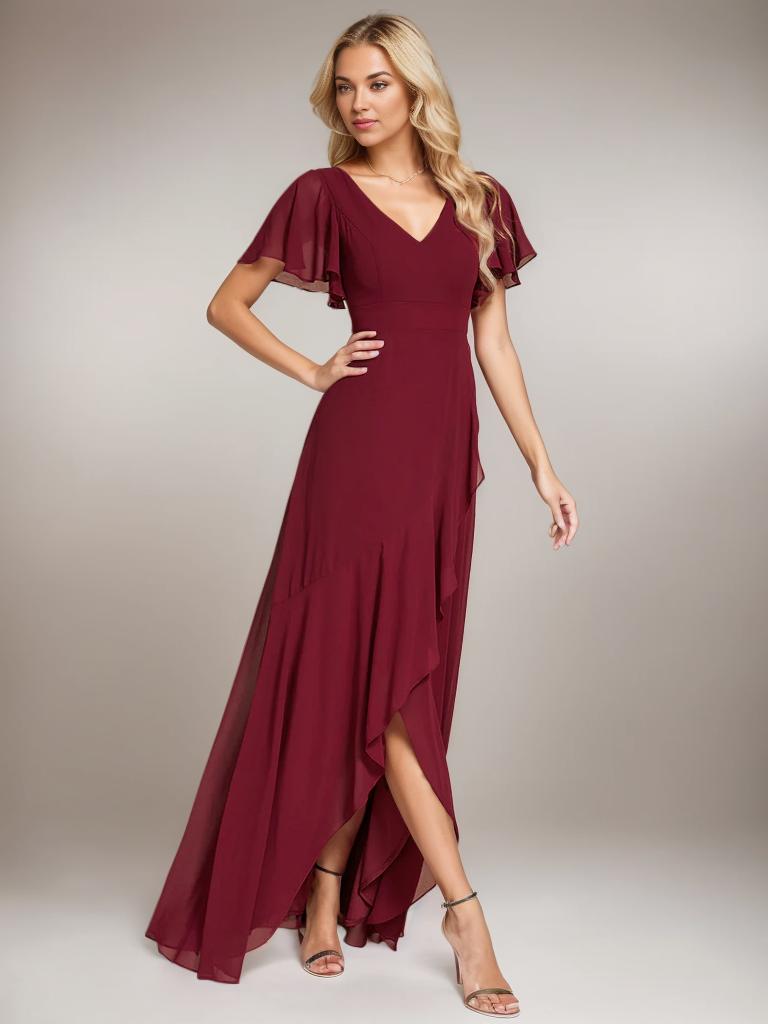 Sharana burgundy sleeved hi low bridesmaid dress Express NZ wide - Bay Bridal and Ball Gowns