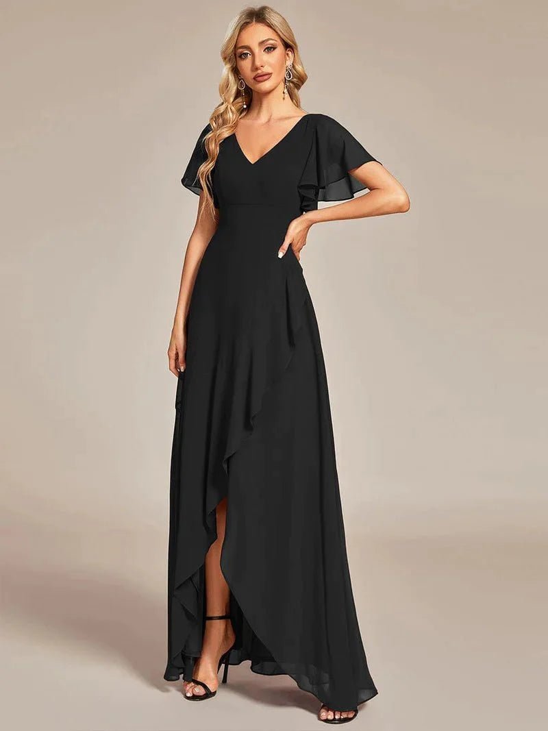 Sharana sleeved hi low black dress in chiffon s18 Express NZ wide - Bay Bridal and Ball Gowns