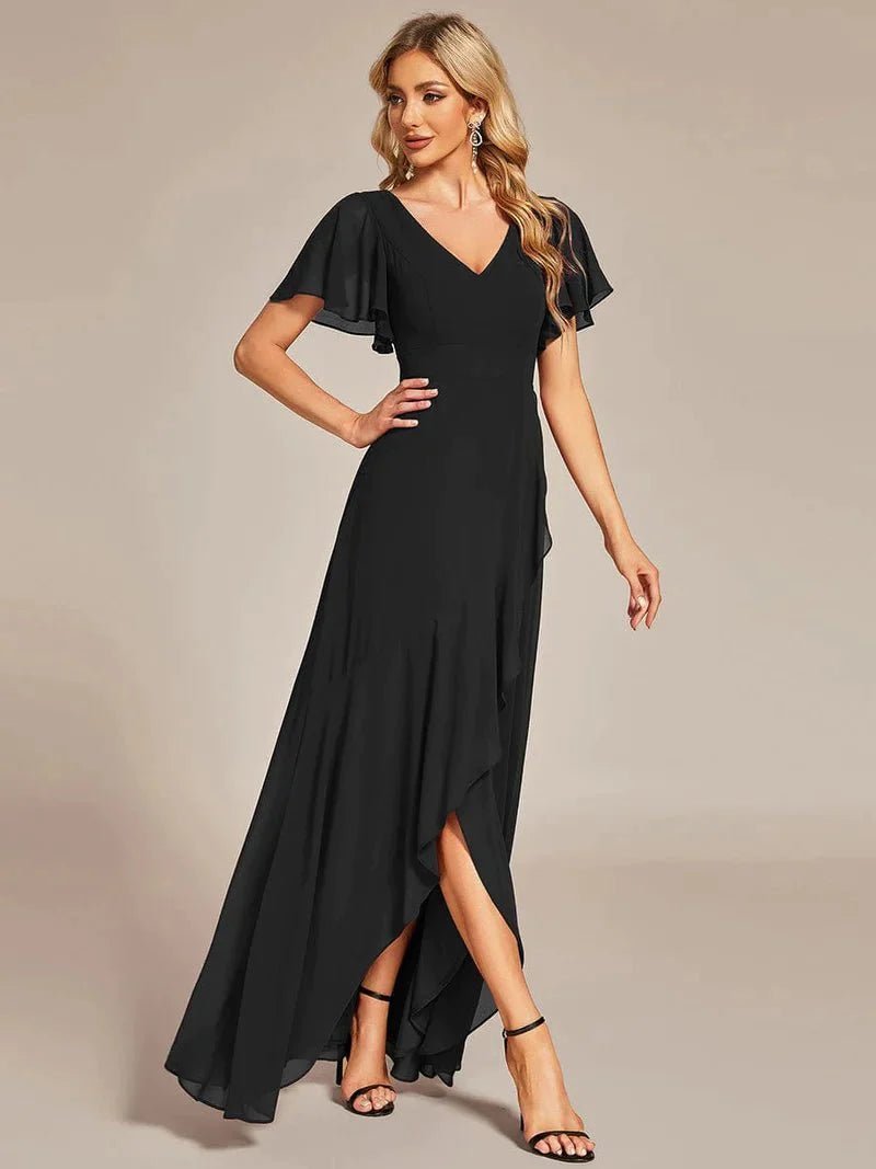 Sharana sleeved hi low black dress in chiffon s18 Express NZ wide - Bay Bridal and Ball Gowns