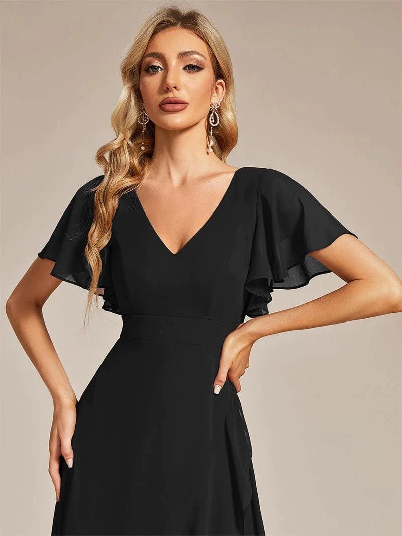 Sharana sleeved hi low black dress in chiffon s18 Express NZ wide - Bay Bridal and Ball Gowns