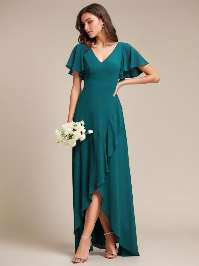 Sharana sleeved hi low bridesmaid dress in teal Express NZ Wide - Bay Bridal and Ball Gowns