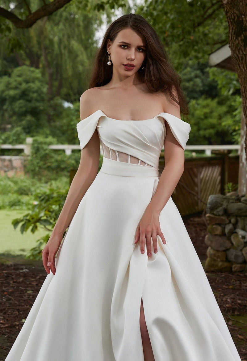 Sydney Warm Ivory Mikado A - Line wedding gown s12 - 14 with split - Bay Bridal and Ball Gowns