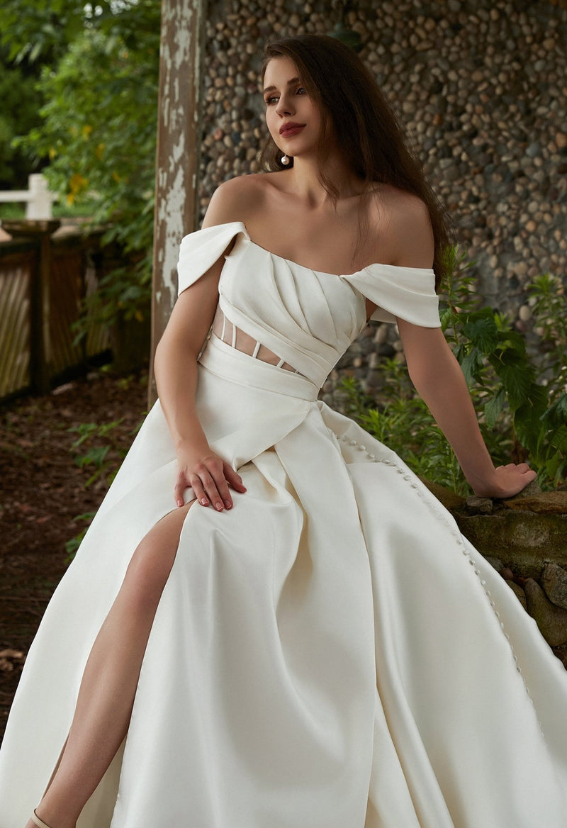 Sydney Warm Ivory Mikado A - Line wedding gown s12 - 14 with split - Bay Bridal and Ball Gowns