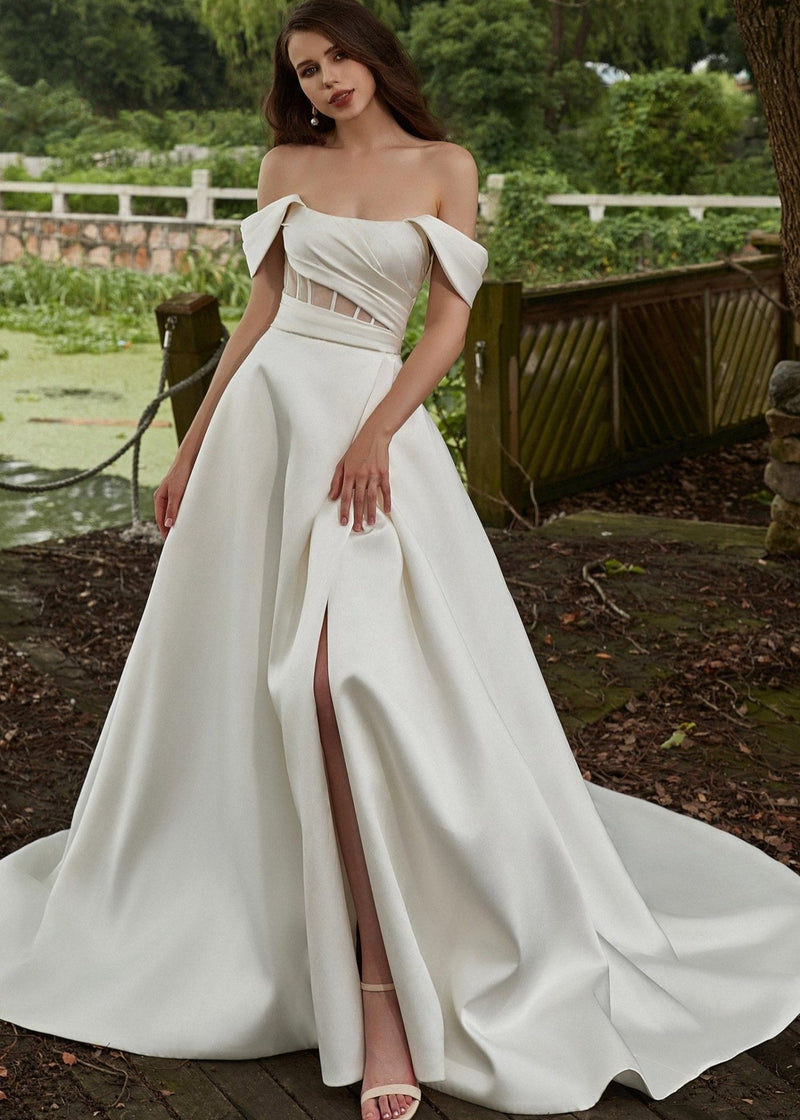 Sydney Warm Ivory Mikado A - Line wedding gown s12 - 14 with split - Bay Bridal and Ball Gowns