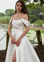 Sydney Warm Ivory Mikado A - Line wedding gown s12 - 14 with split - Bay Bridal and Ball Gowns