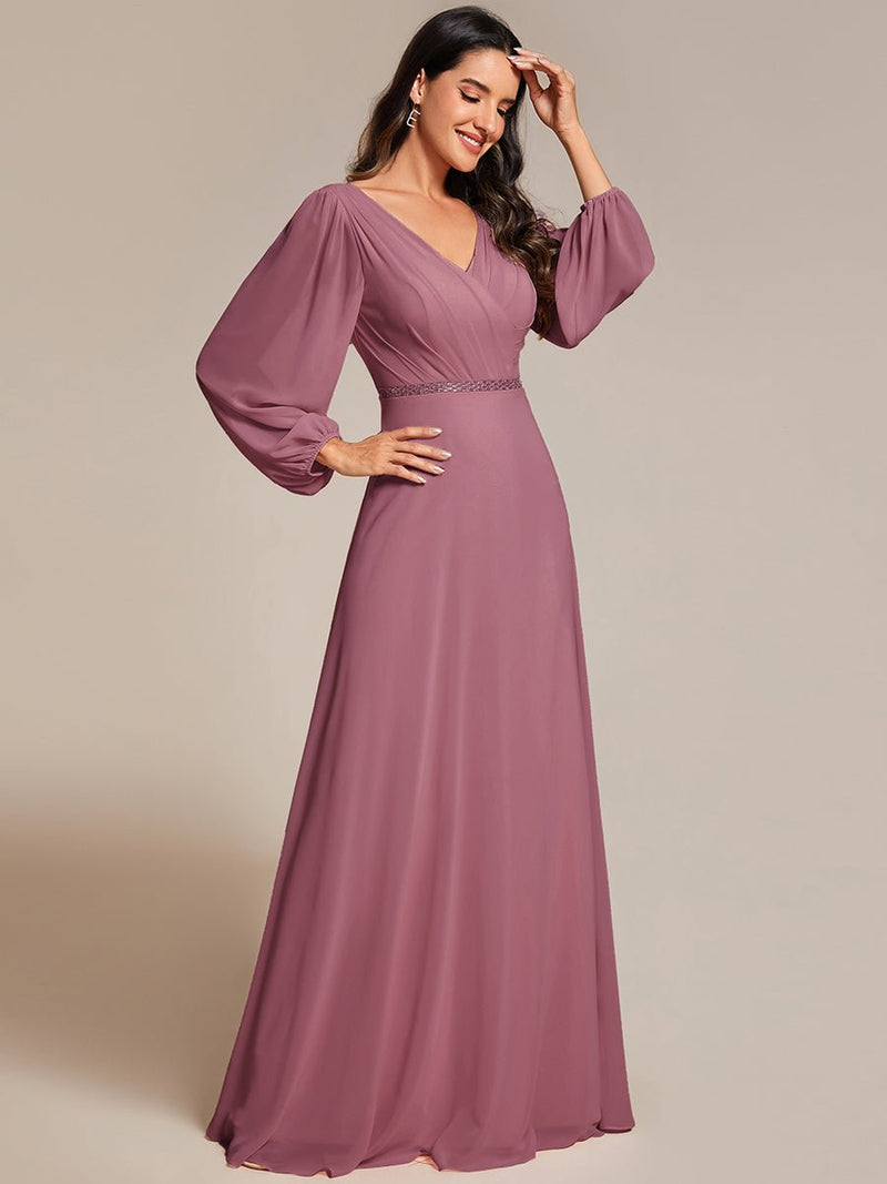 Tabitha long sleeved A - Line chiffon evening gown - Bay Bridal and Ball Gowns