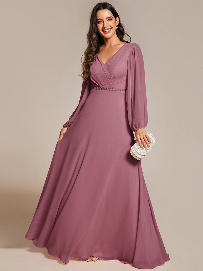 Tabitha long sleeved A - Line chiffon evening gown - Bay Bridal and Ball Gowns