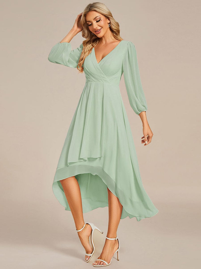 Tammy light sage long sleeved midi high low chiffon dress s12 Express NZ wide - Bay Bridal and Ball Gowns