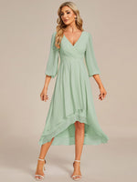 Tammy light sage long sleeved midi high low chiffon dress s12 Express NZ wide - Bay Bridal and Ball Gowns