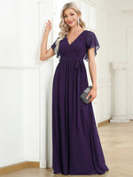 Tia dark purple split sleeve full length chiffon bridesmaid dress - Bay Bridal and Ball Gowns