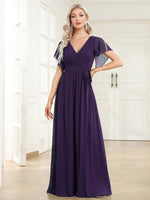 Tia dark purple split sleeve full length chiffon bridesmaid dress - Bay Bridal and Ball Gowns