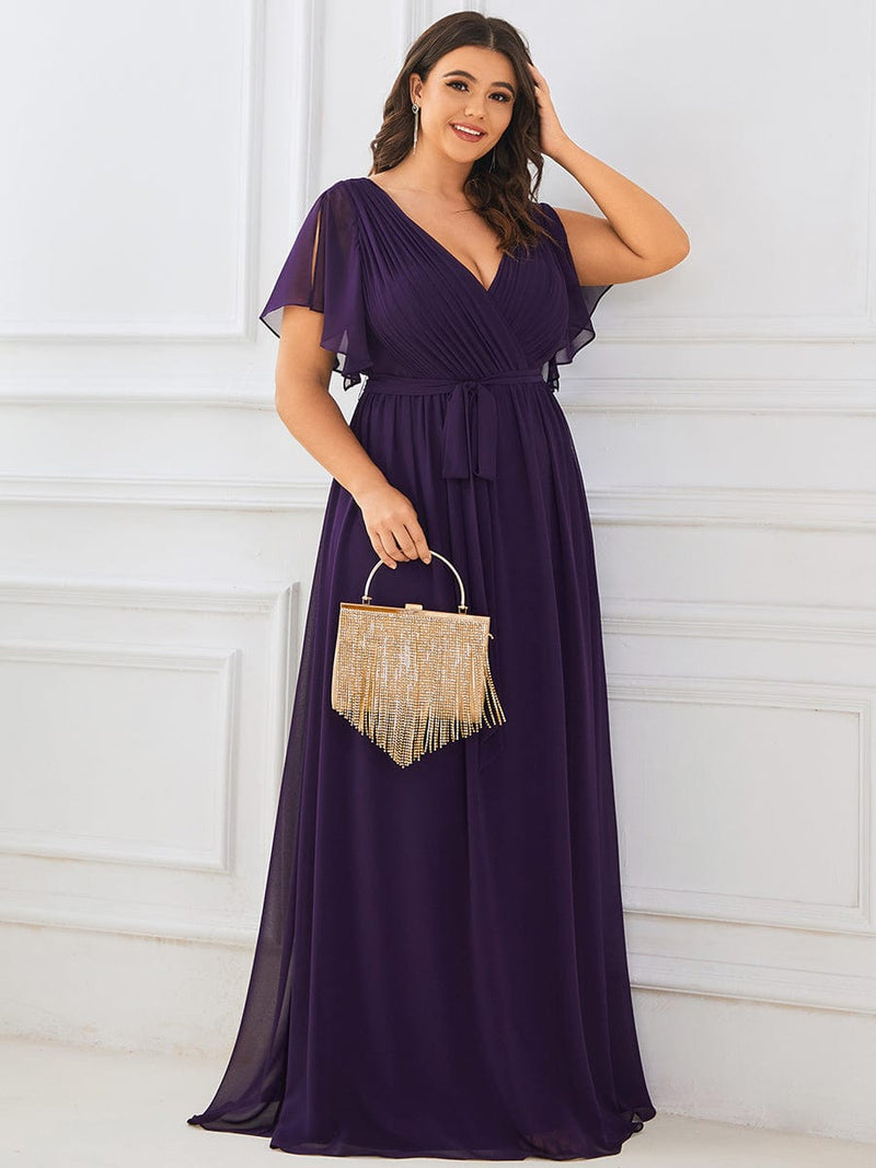 Tia dark purple split sleeve full length chiffon bridesmaid dress - Bay Bridal and Ball Gowns