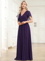 Tia dark purple split sleeve full length chiffon bridesmaid dress - Bay Bridal and Ball Gowns