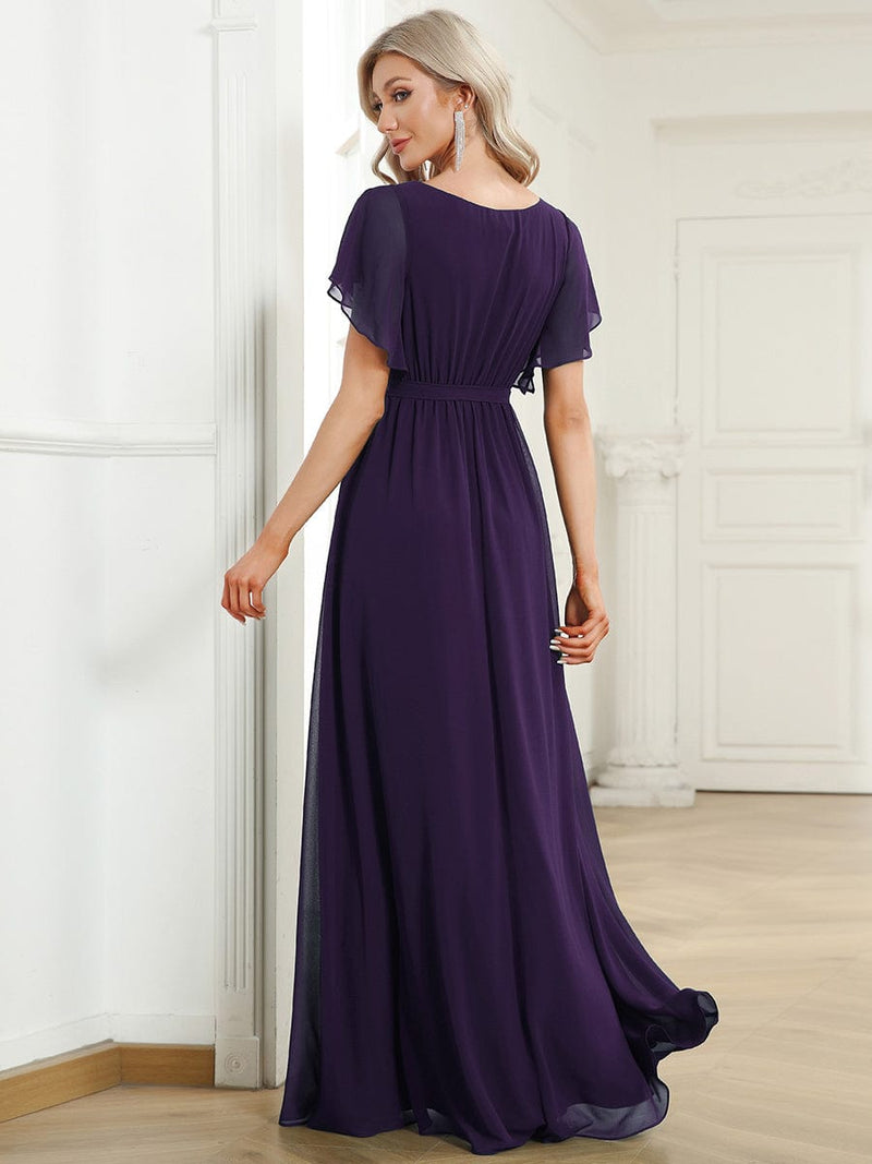 Tia dark purple split sleeve full length chiffon bridesmaid dress - Bay Bridal and Ball Gowns