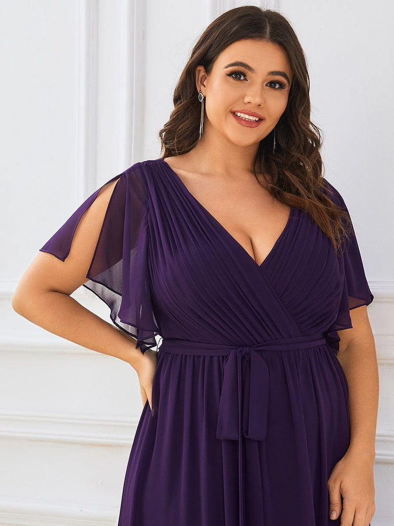 Tia dark purple split sleeve full length chiffon bridesmaid dress - Bay Bridal and Ball Gowns