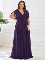 Tia dark purple split sleeve full length chiffon bridesmaid dress - Bay Bridal and Ball Gowns