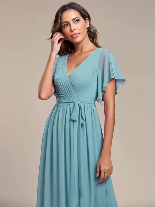 Tia dusky blue split sleeve chiffon bridesmaid dress Express NZ wide - Bay Bridal and Ball Gowns