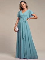 Tia dusky blue split sleeve chiffon bridesmaid dress Express NZ wide - Bay Bridal and Ball Gowns