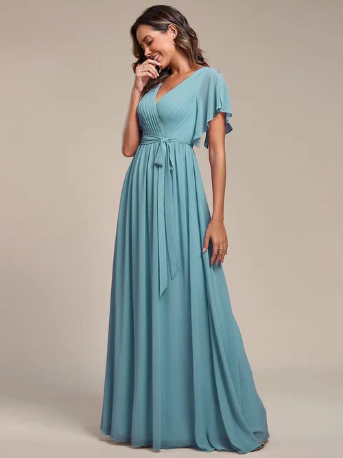 Tia dusky blue split sleeve chiffon bridesmaid dress Express NZ wide - Bay Bridal and Ball Gowns