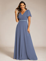 Torry V neck A - line chiffon dress with sleeves - Bay Bridal and Ball Gowns