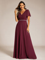 Torry V neck A - line chiffon dress with sleeves - Bay Bridal and Ball Gowns