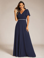 Torry V neck A - line chiffon dress with sleeves - Bay Bridal and Ball Gowns