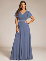 Torry V neck A - line chiffon dress with sleeves - Bay Bridal and Ball Gowns