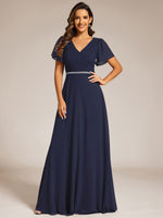 Torry V neck A - line chiffon dress with sleeves - Bay Bridal and Ball Gowns