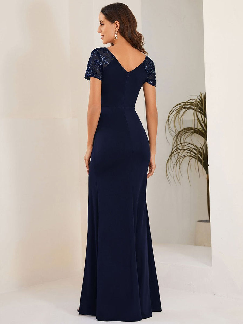 Wendy cap sleeve evening dress with split in navy s10 Express NZ wide - Bay Bridal and Ball Gowns