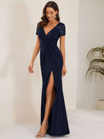 Wendy cap sleeve evening dress with split in navy s10 Express NZ wide - Bay Bridal and Ball Gowns