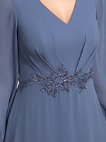 Zahara chiffon sleeved events dress with floral applique - Bay Bridal and Ball Gowns