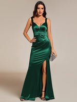 Zandy satin evening ball dress with split in emerald s8 Express NZ wide - Bay Bridal and Ball Gowns