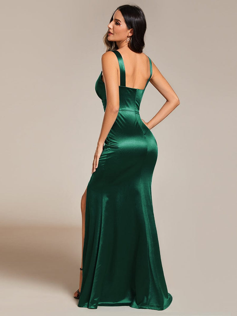Zandy satin evening ball dress with split in emerald s8 Express NZ wide - Bay Bridal and Ball Gowns